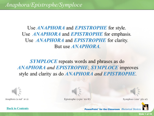 Use anaphora and epistrophe for style. Use anaphora and epistrophe for emphasis. Use anaphora and epistrophe for clarity. But use anaphora. Symploce repeats words and phrases, as do anaphora and epistrophe; symploce improves style and clarity as do anaphora and epistrophe.