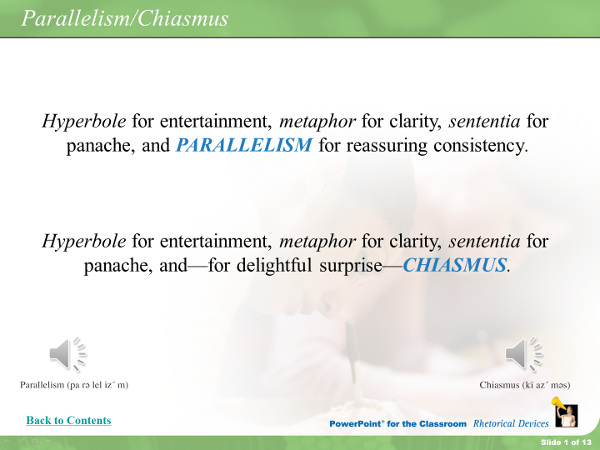 Hyperbole for entertainment, metaphor for clarity, and parallelism for reassuring consistency. Hyperbole for entertainment, metaphor for clarity, and—for delightful surprise—chiasmus.