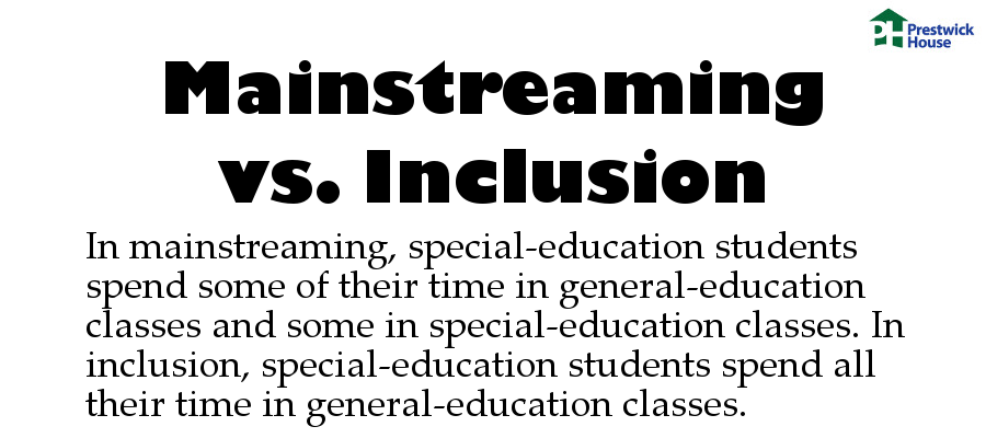 Mainstreaming vs. Inclusion: In mainstreaming, special-education students spend some of their time in general-education classes and some in special-education classes. In inclusion, special-education students spend all their time in general-education classes.