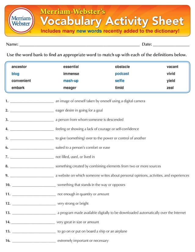 Merriam-Webster's Vocabulary Activity Sheet