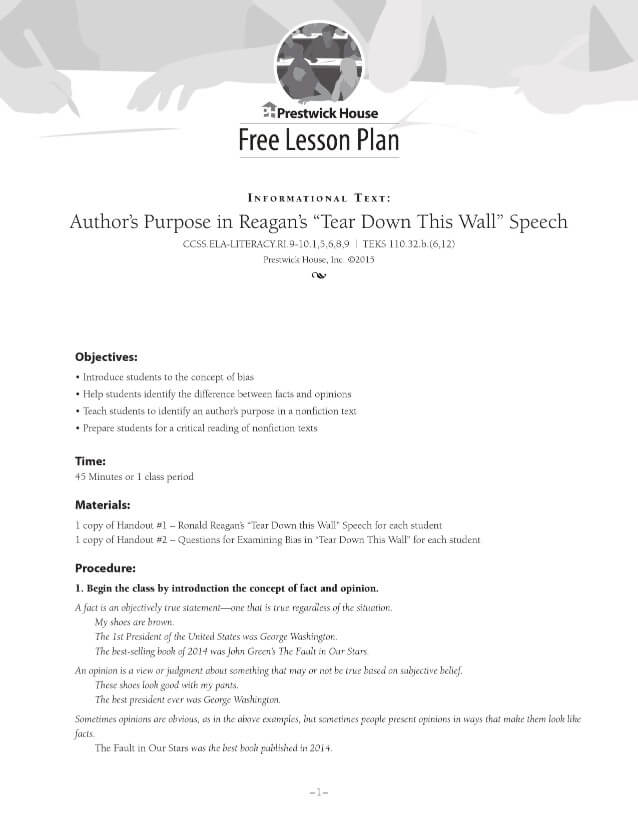 Examining Author's Purpose in Reagan's Tear Down This Wall Speech Lesson Plan