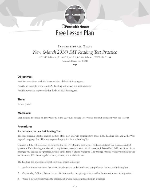 New 2016 SAT Reading Practice Lesson Plan