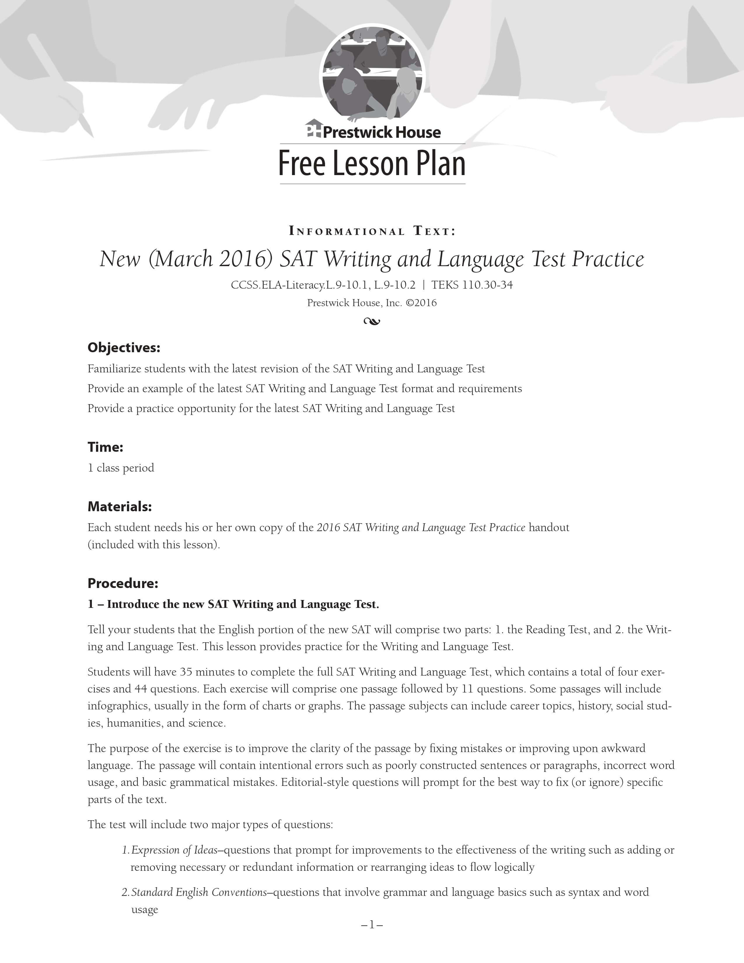 New 2016 SAT Writing and Language Practice Lesson Plan