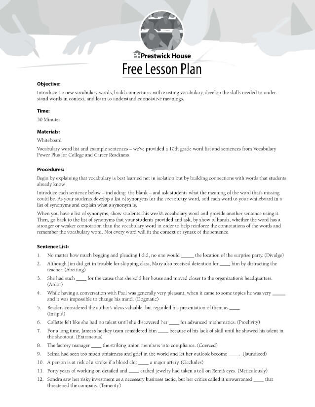 10th Grade Vocabulary Lesson Lesson Plan