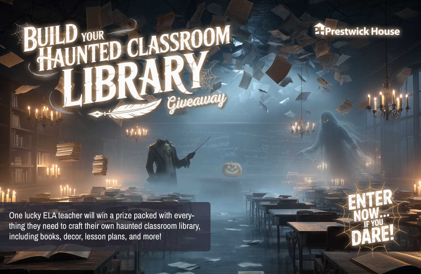 One lucky ELA teacher will win a prize packed with everything they need to craft their own haunted classroom library, including books, decor, lesson plans, and more!