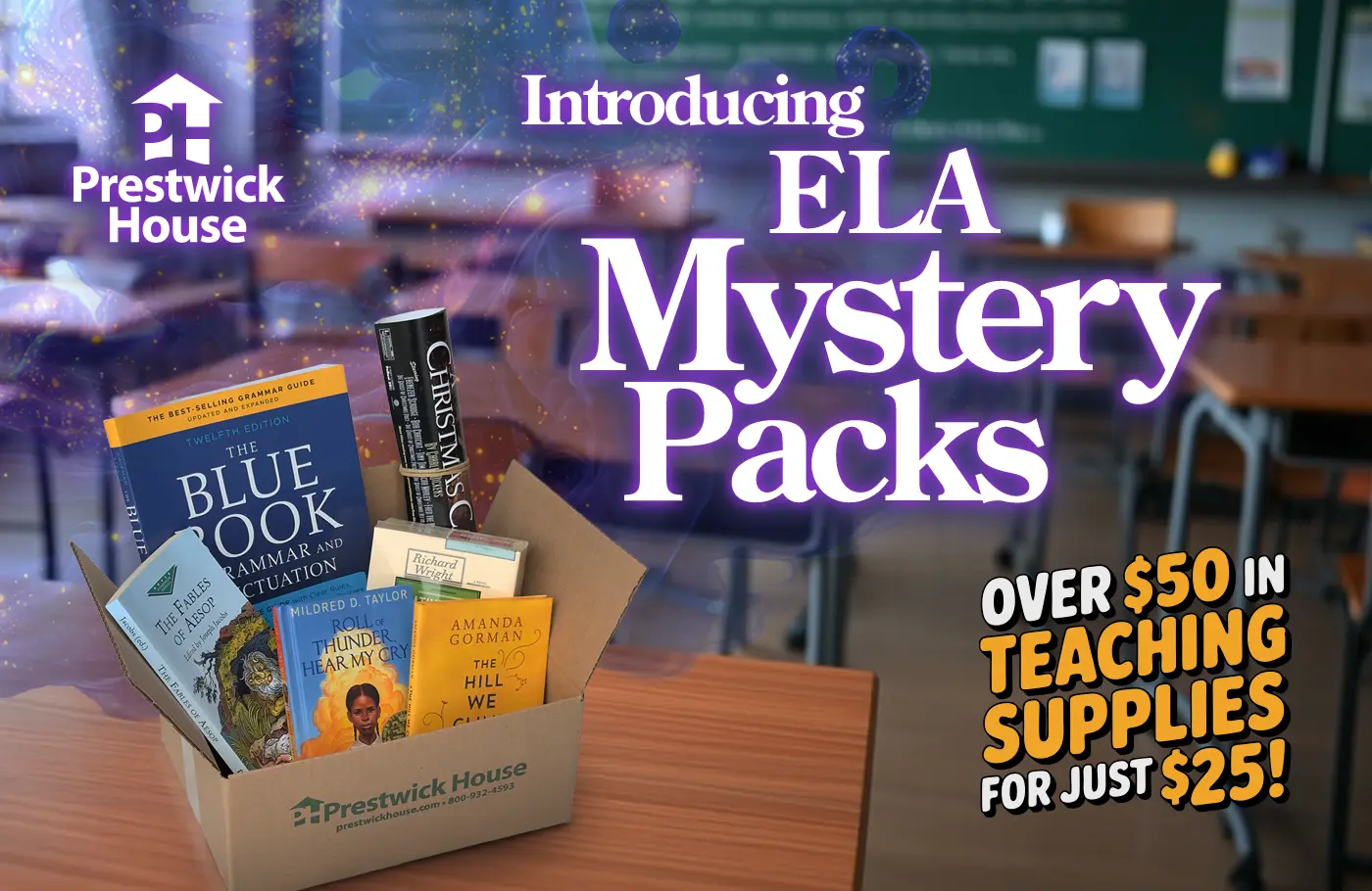 Have fun building your classroom resource catalog with ELA Mystery Packs! Each ELA Mystery Pack contains a random assortment of items with a total retail value of at least $50.