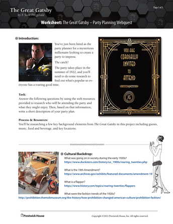The Great Gatsby Party Planning Webquest