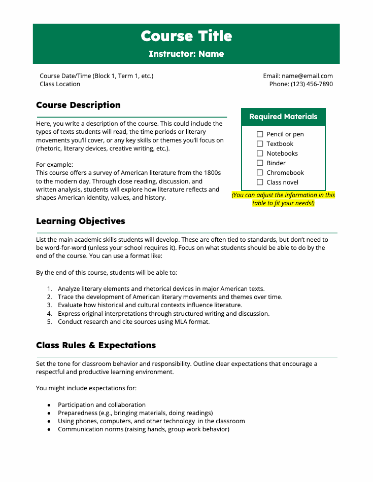 Free Syllabus Template for Google Docs