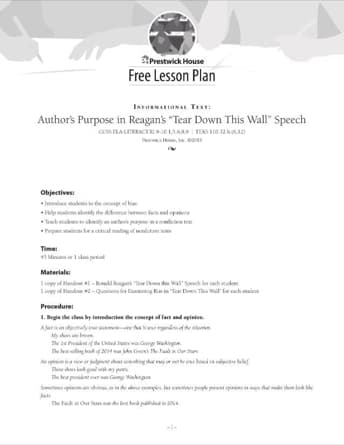 Examining Author's Purpose in Reagan's Tear Down This Wall Speech Lesson Plan